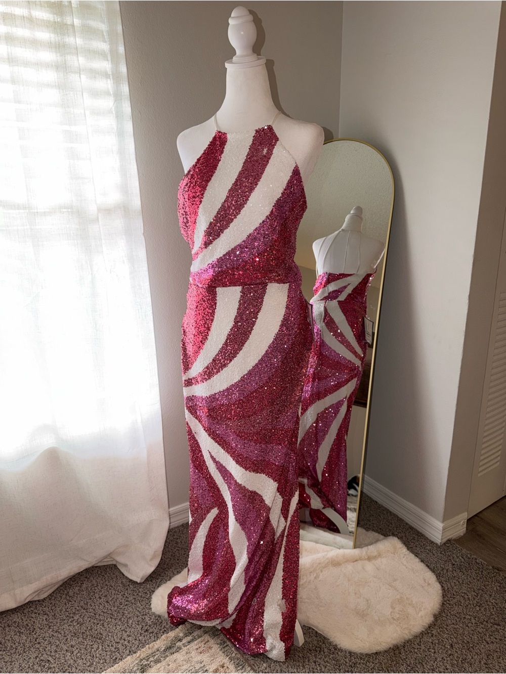 Macy's Pink and White Sequin Halter Dress